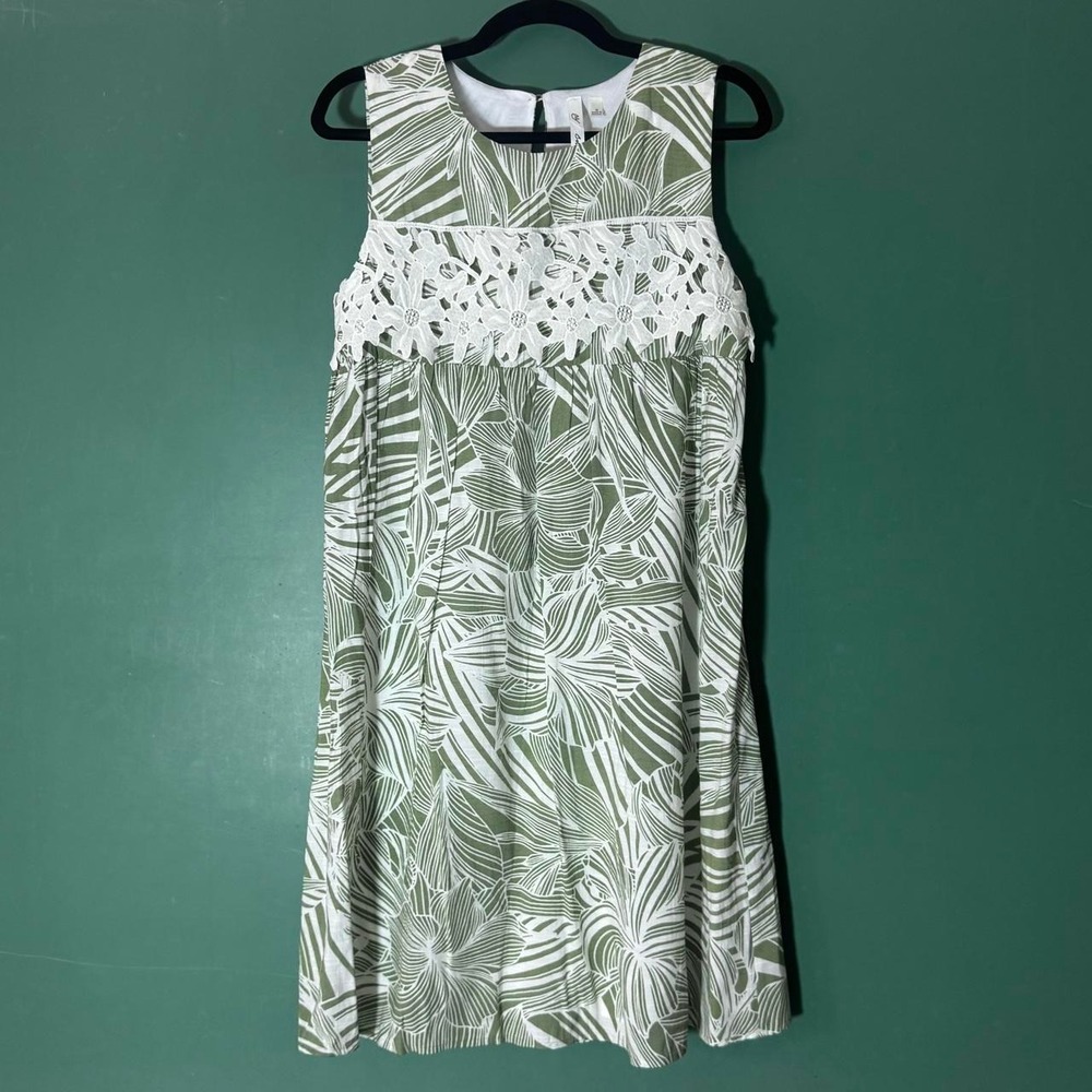NY Collection Green White Tropical Palm Mod Shift Dress Lace Trim Medium